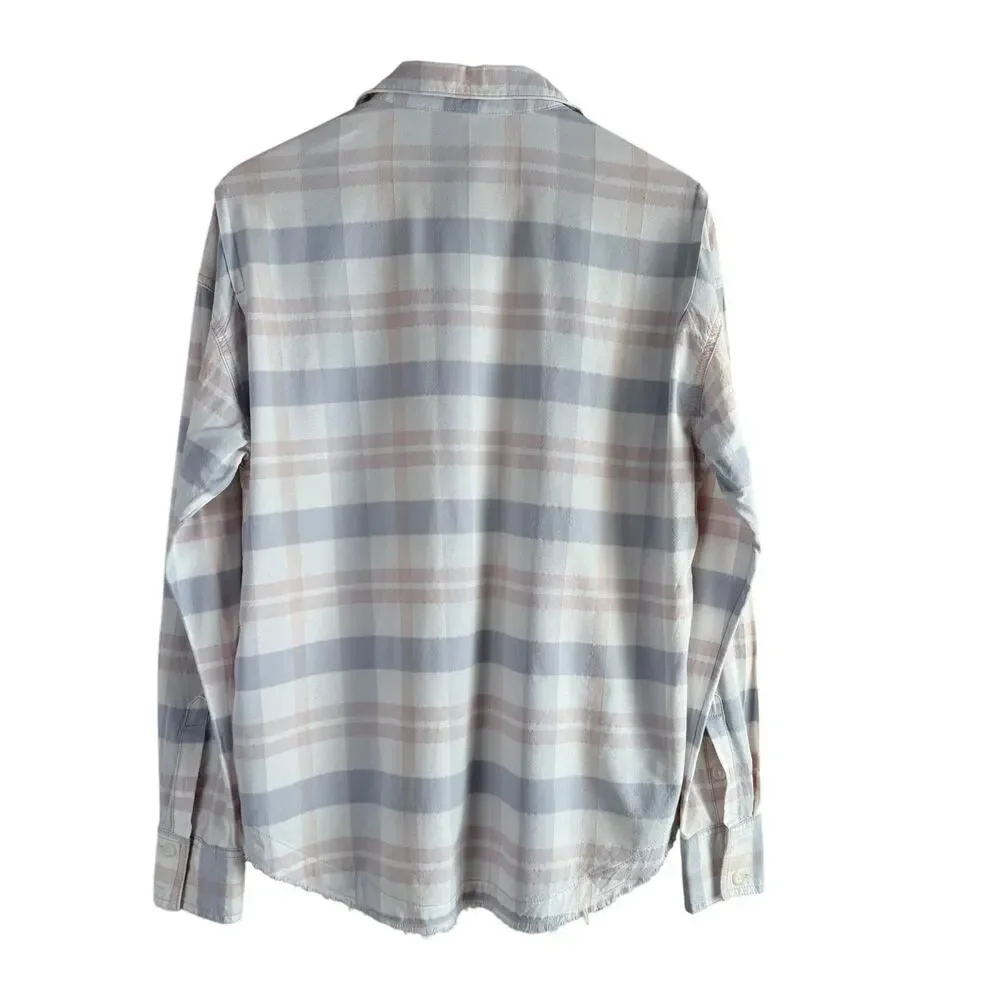 Free People Loveland Plaid Button Down Shirt Top White Pastel Pink Blue, Size XS